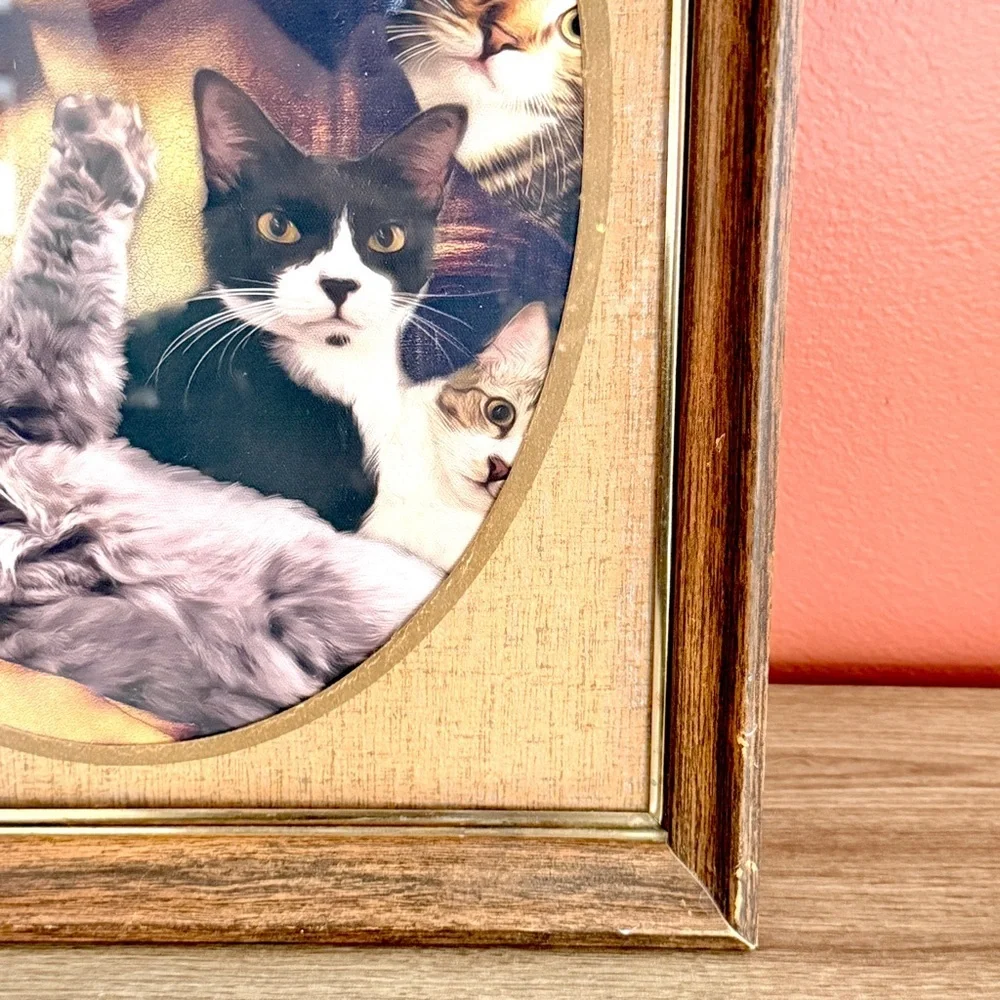 Mona Lisa & Her Cats Vintage Wood Framed Wall Art Silly Canvas Print Kitty Cat